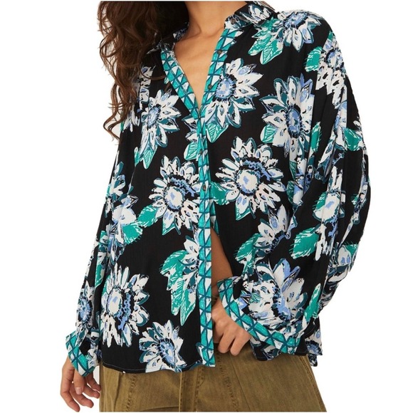 Free People Tops - Free People Floral Print Long Sleeve Button Up Blouse Top Black Blue Green M